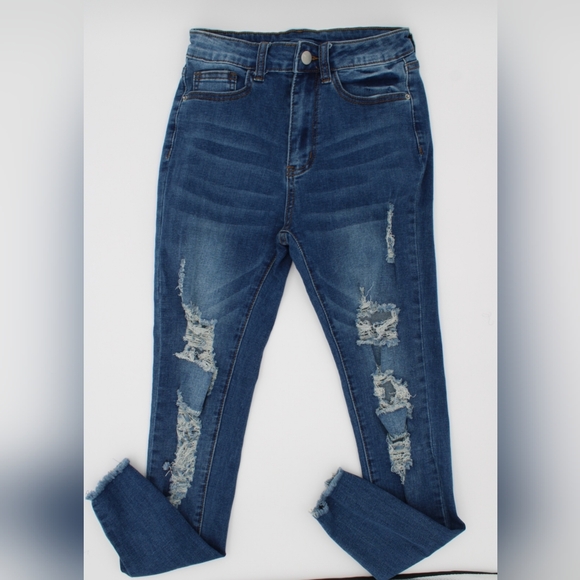Juniors Medium Blue Skinny Distressed Jeans (Size XS) - Picture 3 of 4